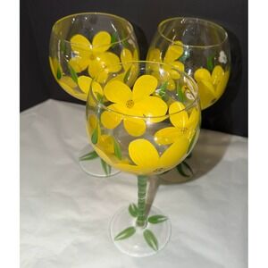 Hand Painted Wine Glasses Set of 3 Yellow Floral Butterfly Barware 9in